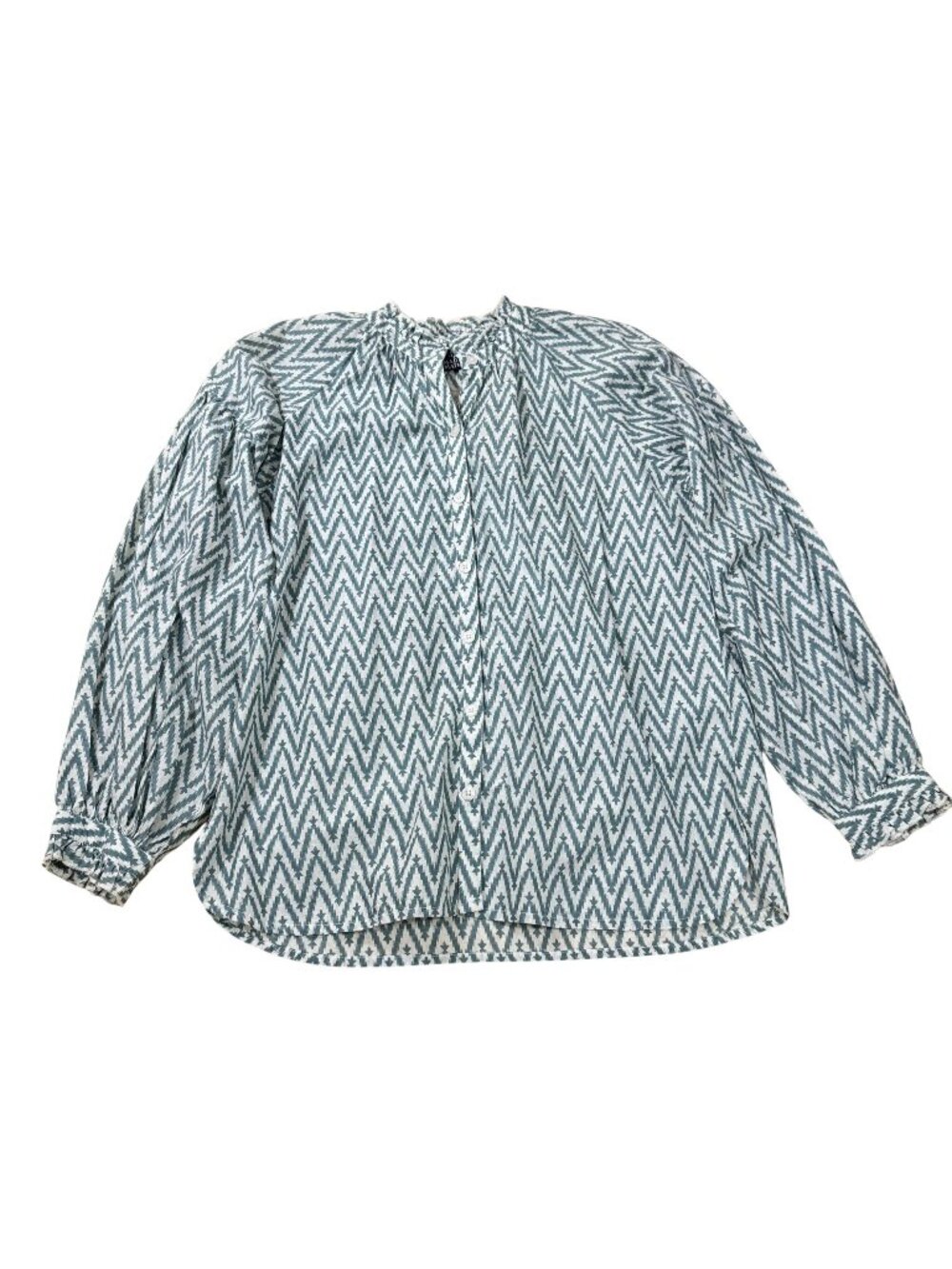 NWT Madison Mathews Women’s Dusty Teal White Ikat Print Ruffle Neck Blouse XS